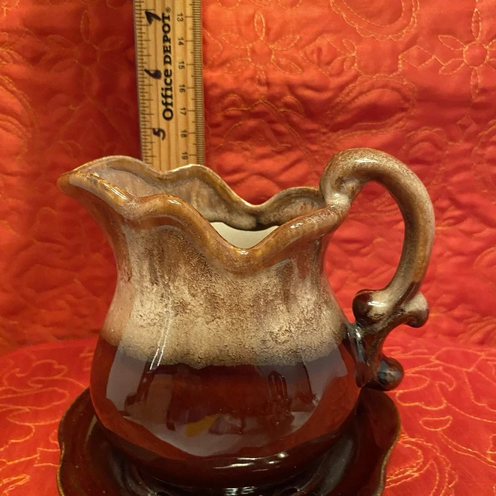 Vintage 2 tone Planter‎ Pitcher with Attached Plate For Built In Drainage.